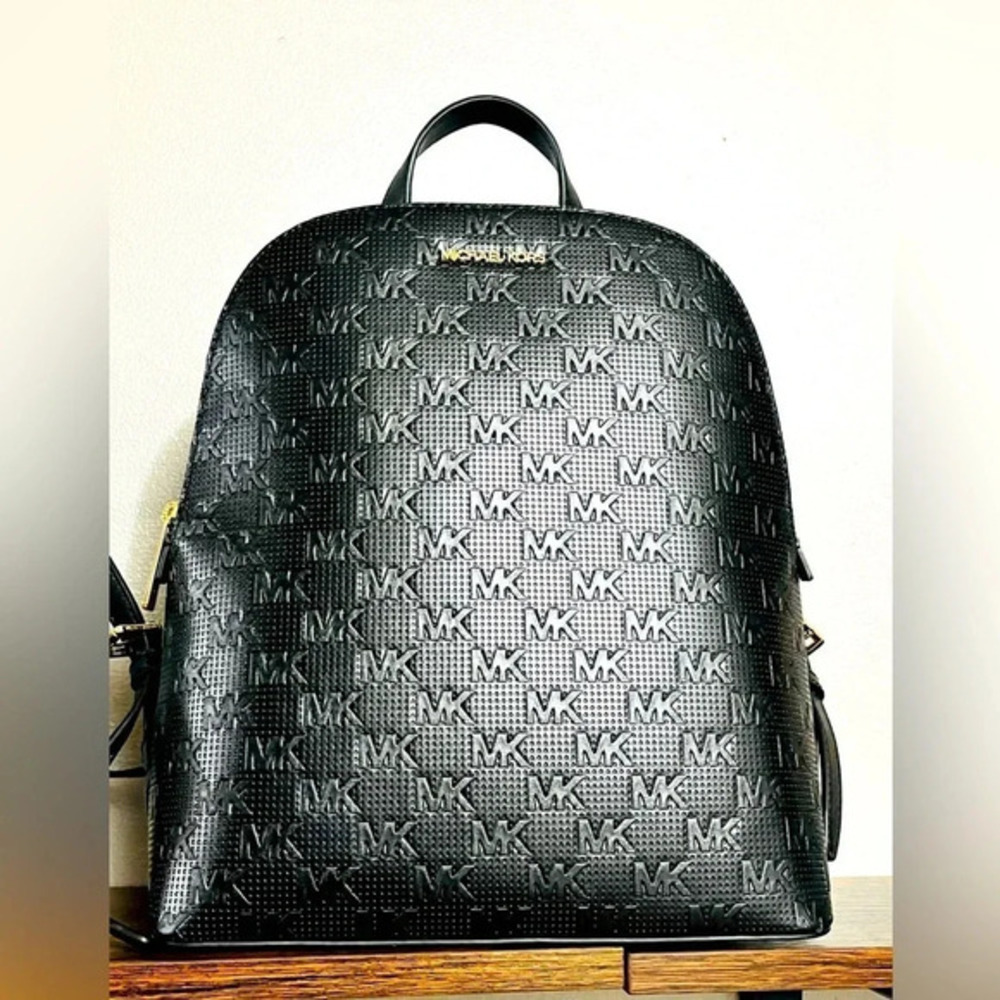 Michael Kors Cindy Backpack Black Perforated MK Logo Leather NWT